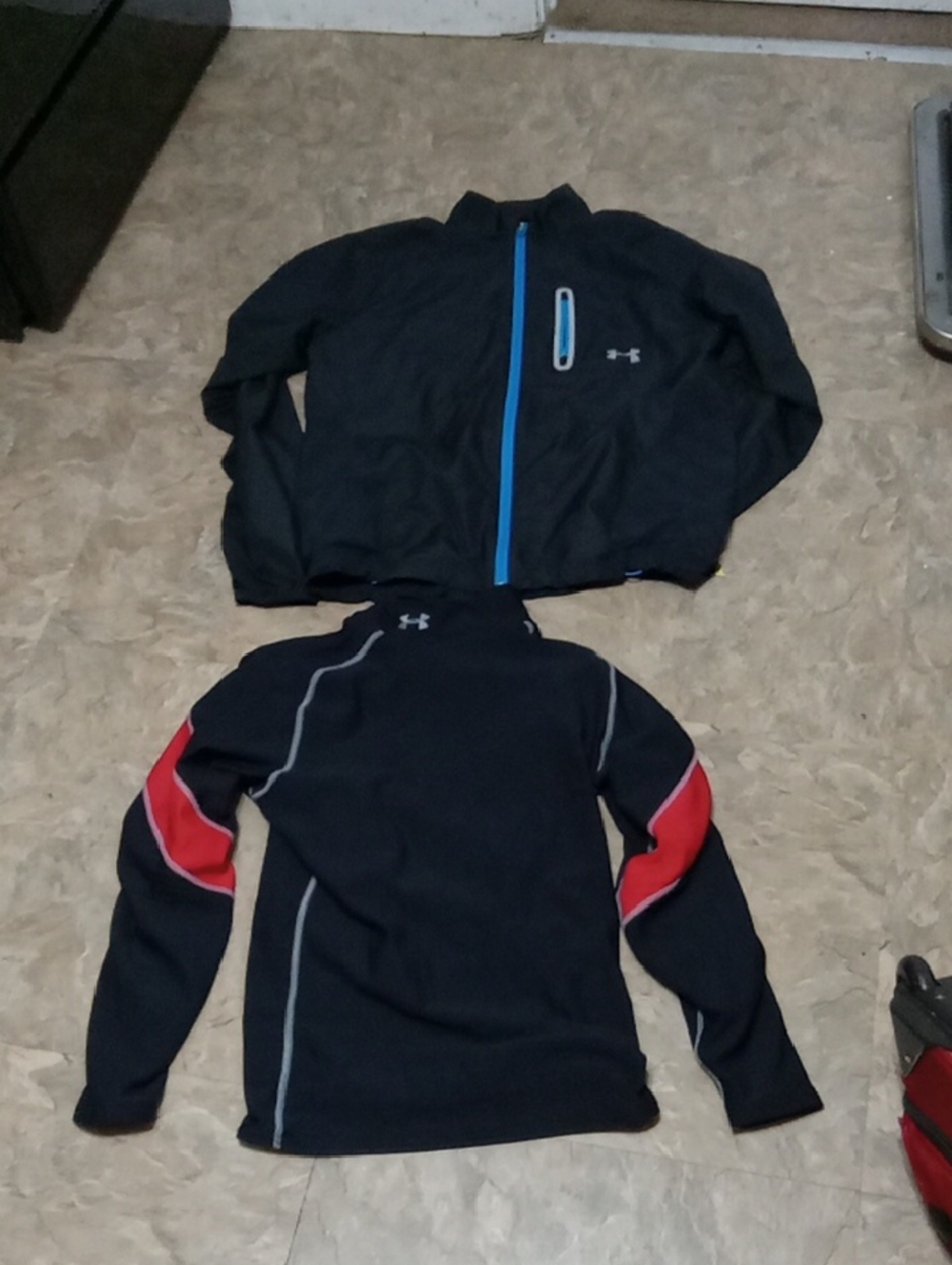 Under Armour Black Athletic Tops with Blue Zipper & Red Sleeve Accents Bundle